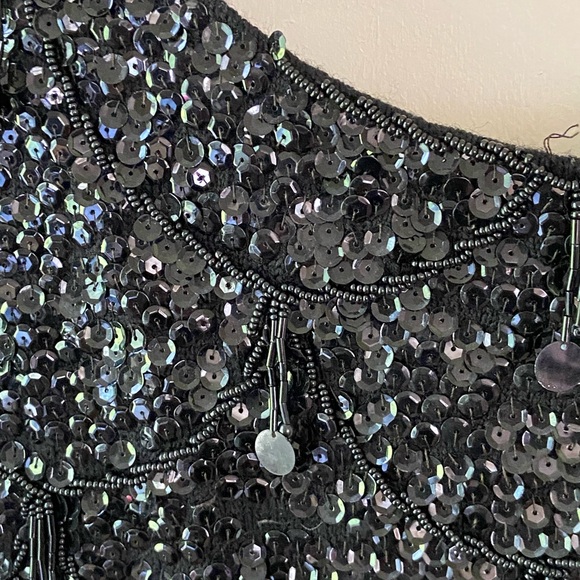 Vintage 80s Heavily Beaded/Sequined Black Wool Sleeveless Formal Evening Tank - Picture 3 of 13